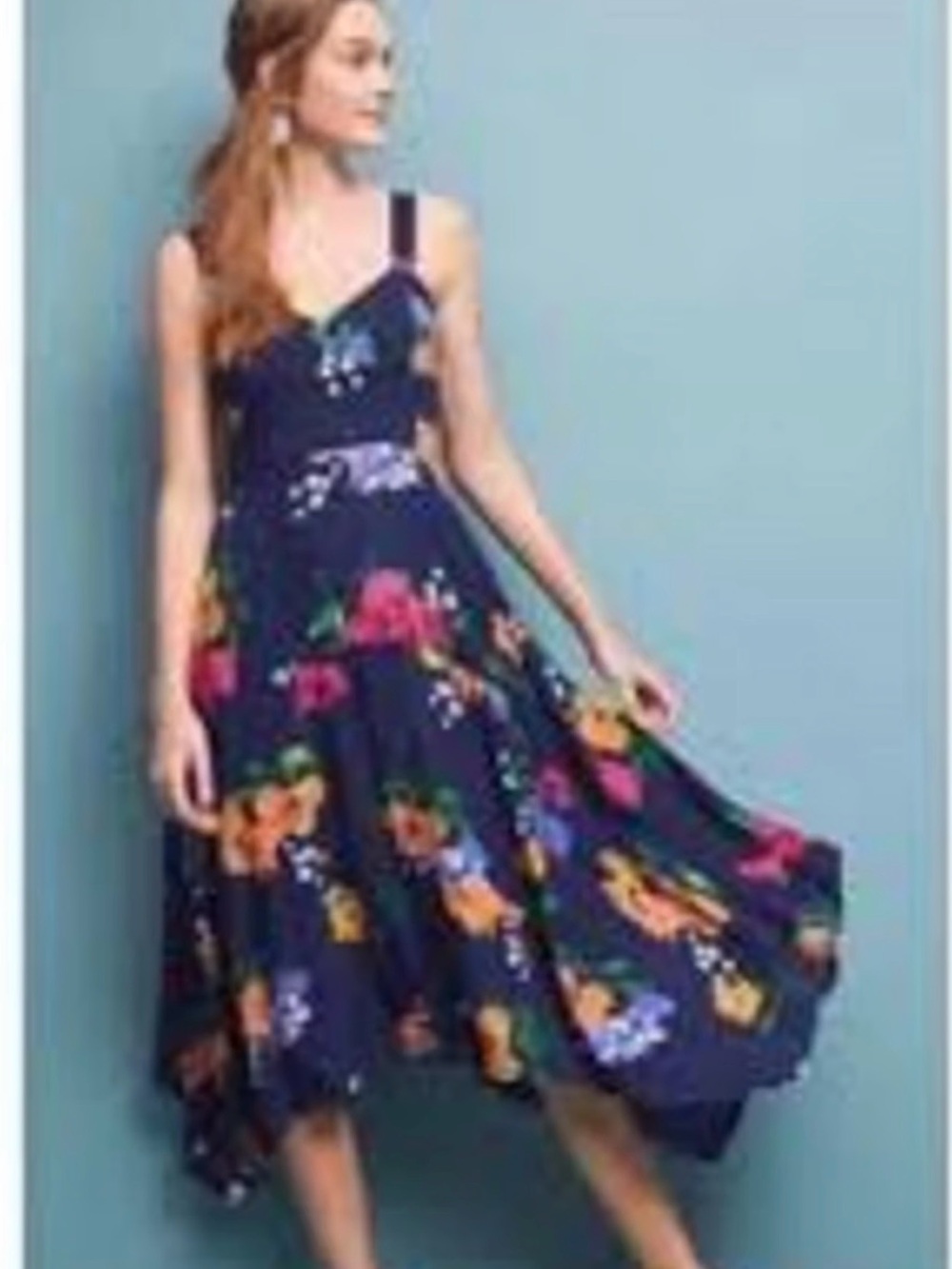 Maeve Anthropologie zip up dress Floral Navy Midi Dress with V-Neck and Straps